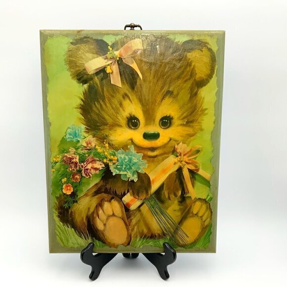 Set of 2 ~ 60's Kitsch Nursery Art Handmade Decoupage on Wood Wall Hangings 15" - Picture 1 of 10